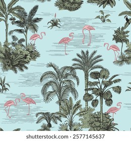 Jungle toile seamless pattern.  Green tropical palm tree, plants, pink flamingo, blue sea wallpaper.	