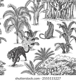 Jungle toile jungle seamless pattern. Tropical palm tree, plants, tiger, leopard animals wallpaper.	