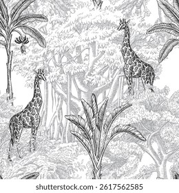 Jungle toile jungle seamless pattern. Tropical banana tree, willow, oak, giraffe animals wallpaper.	
