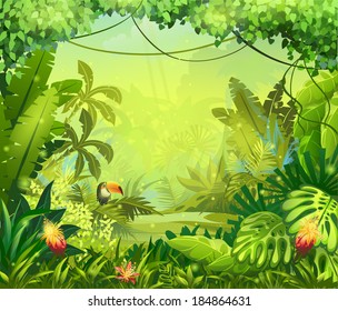 Jungle toucan and flower. For video and web design, online games, print, magazines, newspapers, books and posters.