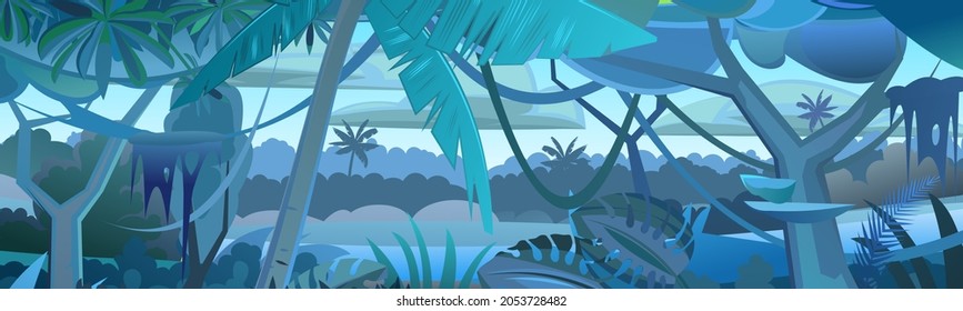 Jungle tree. Dense thickets. View from Tropical forest panorama. Southern Dark Rural night Scenery. Illustration in cartoon style flat design. Vector.