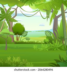 Jungle tree. Dense thickets. View from Tropical forest panorama. Southern Rural Scenery. Illustration in cartoon style flat design. Vector.