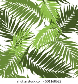 Jungle tree leaves seamless pattern. Exotic tropical rain forest greenery on clean white background. Botanical vector design illustration. Green camouflage style.