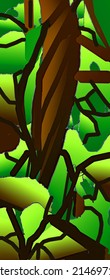 A jungle tree with many turns of the branches.