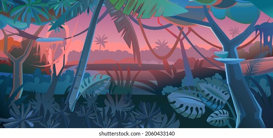 Jungle tree. Morning sunrise dawn or evening sunset. Dense thickets. View from Tropical forest panorama. Southern Rural Scenery. Illustration in cartoon style flat design. Vector.