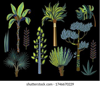 Jungle trees in cartoon style isolated. Vector.