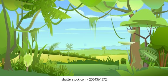 Árboles de selva. El paisaje verde. Espesor denso. Vista del panorama tropical del bosque. El paisaje rural del sur. Ilustración en diseño plano de estilo caricatura. Vector.
