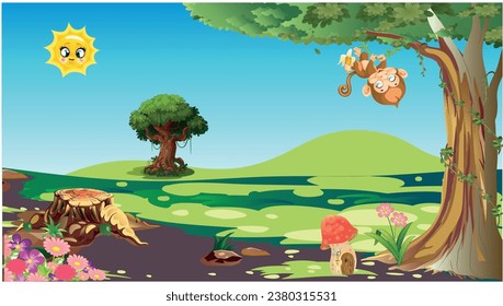 Jungle, trees, roses, monkey, trees