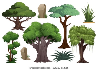 Jungle trees set. This illustration is a set of jungle trees designed in a flat, cartoon style. Vector illustration.