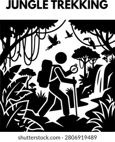 Jungle Trekking Stick Figure Icon Silhouette. Hiker with Backpack and Compass Exploring Tropical Rainforest with Birds and Waterfall Vector Illustration