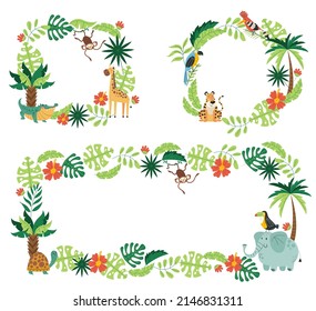 Jungle tropical animal frame border collection. Vector flat cartoon design element illustration