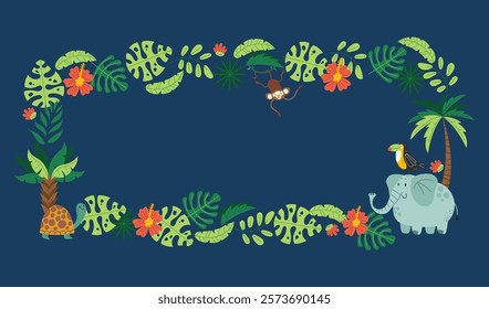 Jungle tropical animal frame border collection. Vector flat cartoon design element illustration