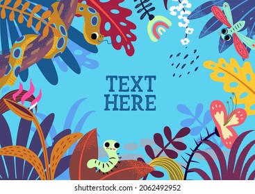 Jungle Tropical Background with plays For Text. Illustration of a jungle landscape background, with ornaments made with leaves and flowers of tropical plants and trees