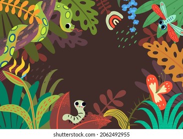 Jungle Tropical Background with plays For Text. Illustration of a jungle landscape background, with ornaments made with leaves and flowers of tropical plants and trees