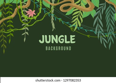 Jungle tropical background. Wildlife adventure in rainforest. Lina and leaves vegetation frame. Exotic landscape vector concept