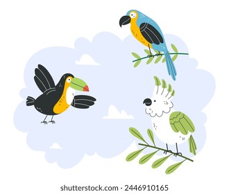Jungle tropical birds isolated set. Vector flat graphic design illustration