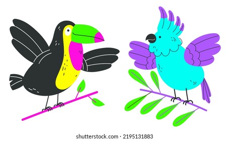 Jungle tropical birds parrot doodle line art isolated set. Vector graphic design illustration