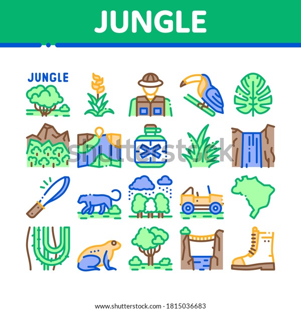 Jungle Tropical\
Forest Collection Icons Set Vector. Jungle Tree And Animal,\
Waterfall And Wood, Flower And Bush, Boot And Car Concept Linear\
Pictograms. Color\
Illustrations