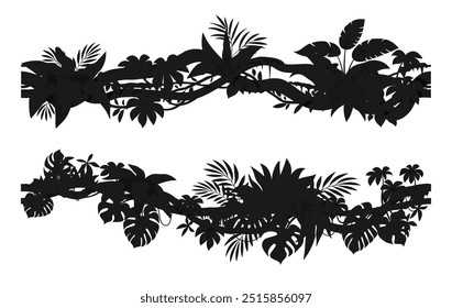 Jungle tropical forest liana branch silhouettes of tropical ivy vine, vector icons. Tropical rainforest jungle liana leaves and creeper bindweed tree with climbing tendrils silhouette for frame border