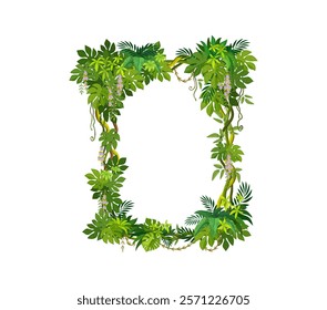 Jungle tropical forest liana frame with green leaves and ivy plant, vector border. Rainforest liana branches and leaves square frame of ivy vine or tropical creeping jungle tree and monstera leaves