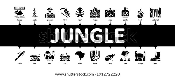 Jungle Tropical Forest Minimal Infographic\
Web Banner Vector. Jungle Tree And Animal, Waterfall And Wood,\
Flower And Bush, Boot And Car Black\
Illustration