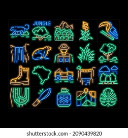 Jungle Tropical Forest neon light sign vector. Glowing bright icon  Jungle Tree And Animal, Waterfall And Wood, Flower And Bush, Boot And Car Illustrations