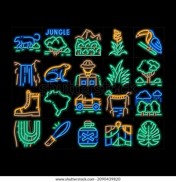 Jungle Tropical Forest neon light sign\
vector. Glowing bright icon  Jungle Tree And Animal, Waterfall And\
Wood, Flower And Bush, Boot And Car\
Illustrations