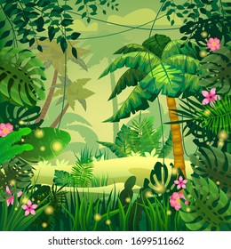 Jungle tropical forest palms different exotic plants leaves, flowers, lianas, flora, rainforest landscape background. For design game, apps, banners, prints. Vector illustration isolated