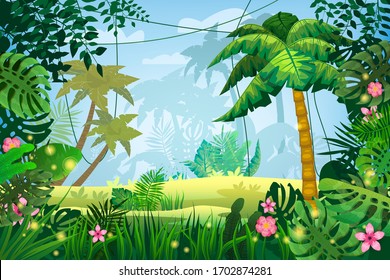 Jungle tropical forest palms different exotic plants leaves, flowers, lianas, flora, rainforest landscape background. For design game, apps, banners, prints. Vector illustration isolated