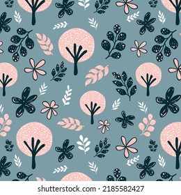 Jungle. Tropical forest pattern in childish style. Different kinds of trees and plants - hand drawn vector illustration in creative organic style. Perfect for kids fabric, textile, nursery wallpaper.