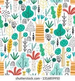 Jungle. Tropical forest seamless pattern in childish style. Different kinds of trees - hand drawn vector illustration in creative organic style. Perfect for kids fabric, textile, nursery wallpaper.