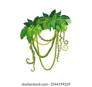 Jungle tropical forest vertical liana leaves. Tropical nature vine shrub isolated cartoon vector branch, African rain forest jungle ivy plant twig or Amazon rainforest flora creeper liana leaves