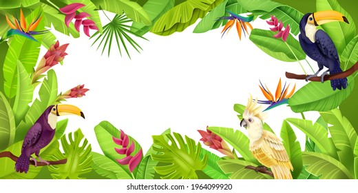 Jungle tropical frame, exotic green paradise border, toucan, parrot, banana leaves, flowers, monstera. Rainforest wild nature, floral Hawaii illustration, environment design. Jungle frame thick bushes