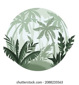 Jungle tropical landscape with palm trees in mist. Monochrome rainforest plants of round shape vector illustration