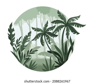Jungle tropical landscape with palm trees in mist. Monochrome rainforest scenery of round shape vector illustration