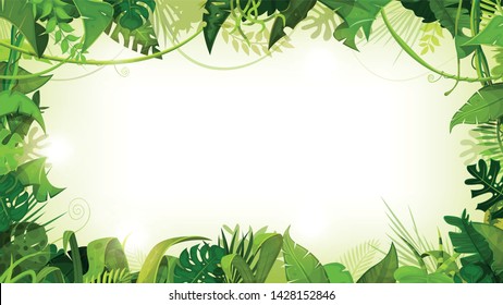 Jungle Tropical Landscape Wide Background/
Illustration of a jungle landscape background, with ornaments made with leaves and foliage of tropical plants and trees