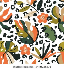 Jungle tropical leaves, animal skin seamless pattern. Vector summer exotic palm leaves, leopard spots print, abstract natural background in green, orange colors. Surface design, textile, fabric.