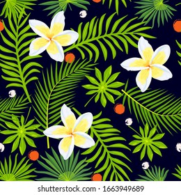 Jungle, tropical leaves and plumeria flower seamless pattern. Vector illustration.