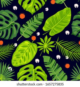 Jungle, tropical leaves seamless pattern. Vector illustration.