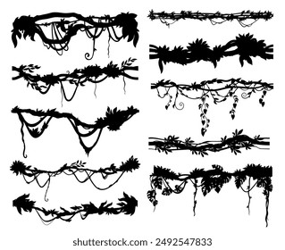 Rama de liana tropical selvática y silueta de vid de plantas enredaderas de hiedra, iconos vectoriales. Árbol colgante de selva tropical liana y amazona con hojas trepadoras y raíces de cuerda para marco ornamentado
