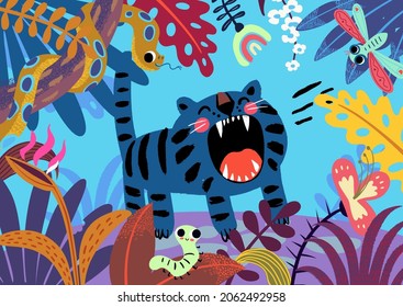 Jungle Tropical Night Background with Cute Roaring Tiger. Illustration of a jungle landscape background, with ornaments made with leaves and flowers of tropical plants and trees