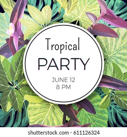 Jungle tropical party flyer with palm leaves and exotic plants. Summer floral template.