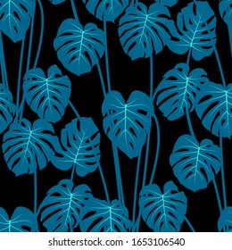 Jungle tropical pattern with monstera leaves bohemian decor, seamless textile print background. Floral jungle ornament with monstera leaf tropical seamless pattern. Philodendron plant fabric print.