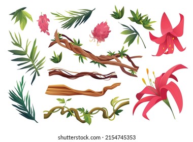 Jungle tropical plants and exotic flowers. Cartoon vector illustration.