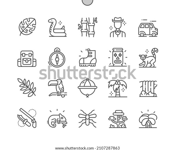 Jungle. Tropical shrubs. Safari hat.\
Bamboo. Sacred totem. Jungle tree, plant and leaf. Pixel Perfect\
Vector Thin Line Icons. Simple Minimal\
Pictogram