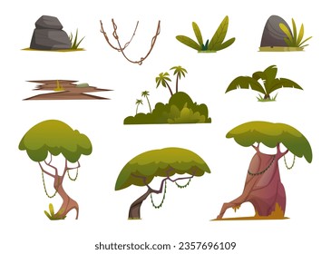 Jungle. Tropical trees bushes palm exact vector cartoon creation kit illustration