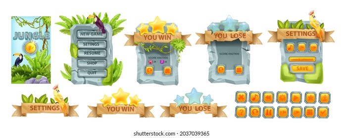 Jungle UI game vector set, tropical stone menu background kit, yellow buttons, mobile app panels. User interface window 2D template, winner ribbon, star, toucan, paradise plants. Jungle UI collection