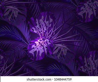 The jungle in the ultra violet light. Neon. leaves of tropical palm trees, monsters, agaves. Seamless. Vector illustration