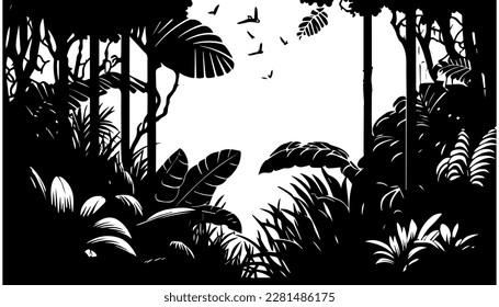 Jungle vector black line illustration isolated white. Sketch art