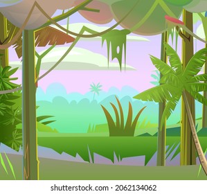 Jungle vector. Dense thickets. Morning sunrise dawn or evening sunset. View from Tropical forest panorama. Southern Rural Scenery. Illustration in cartoon style flat design.